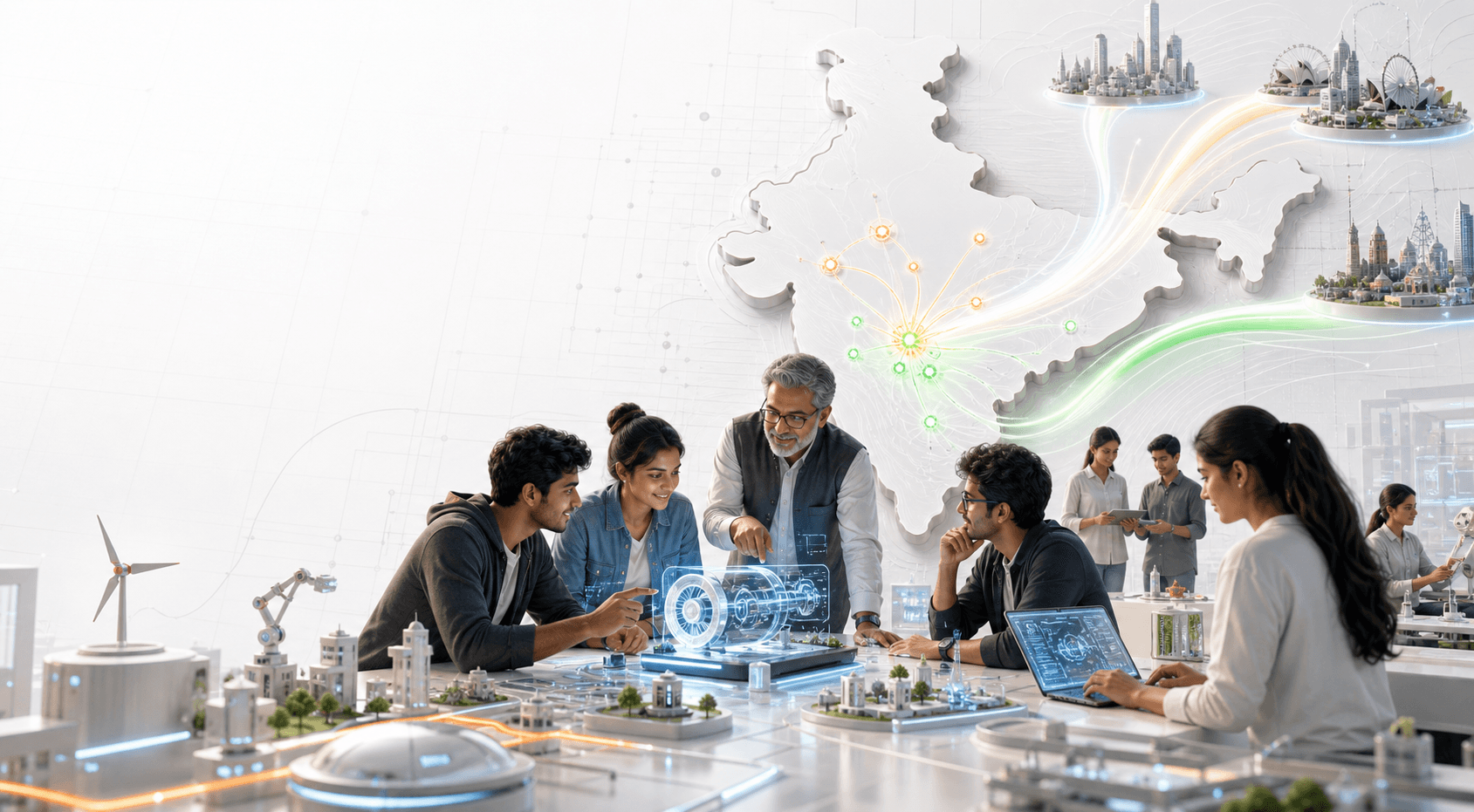 Indian students, a professor, and industry mentors building prototypes around a national innovation network