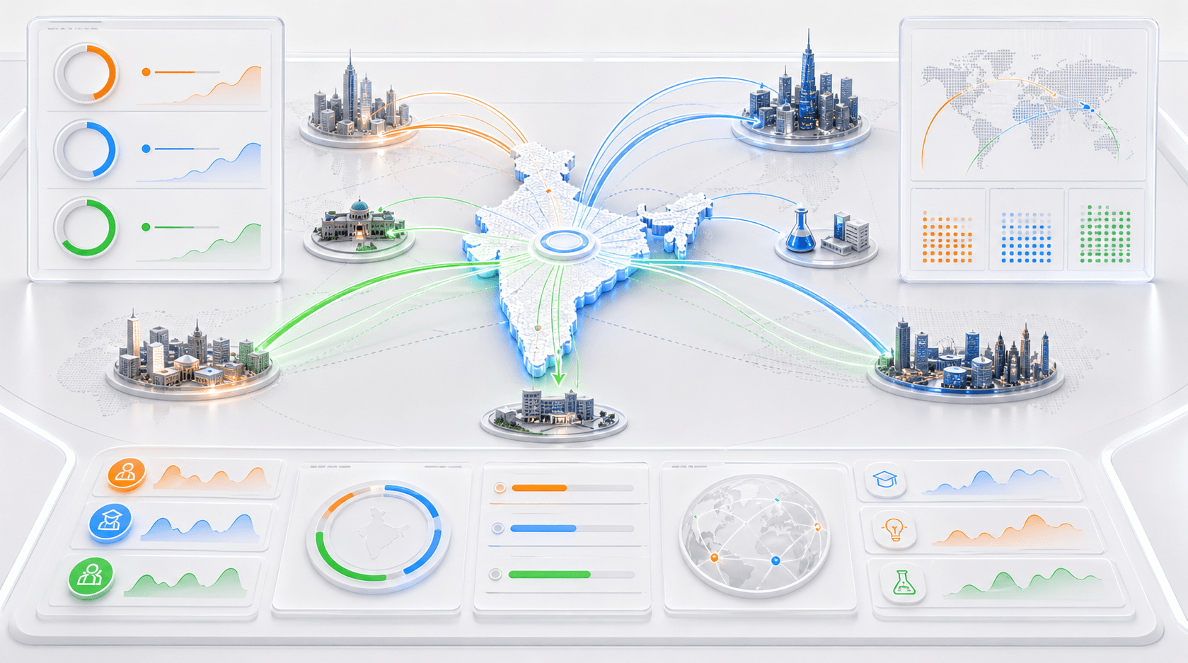 3D data dashboard showing India-centered talent mobility, city nodes, and impact measurement panels